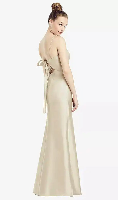 Open-Back Bow Tie Satin Trumpet Gown in Champagne