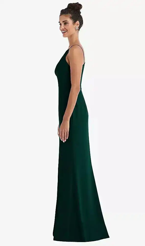 Open-Back High-Neck Halter Trumpet Gown in Evergreen