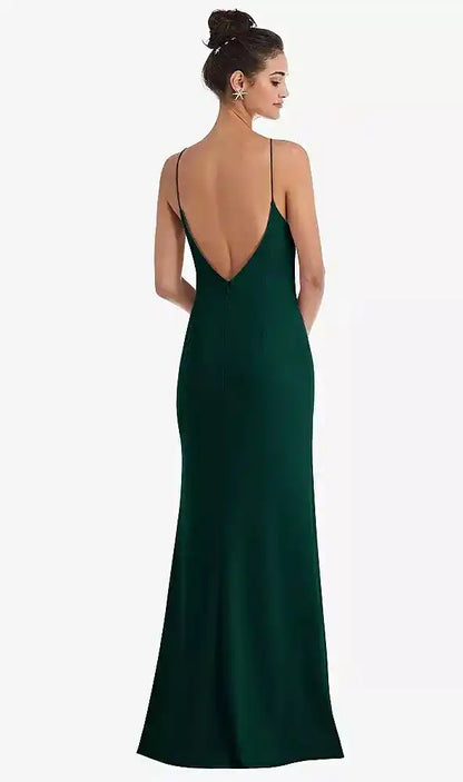 Open-Back High-Neck Halter Trumpet Gown in Evergreen