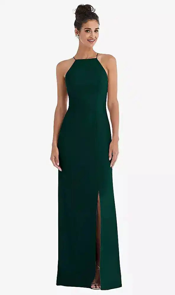 Open-Back High-Neck Halter Trumpet Gown in Evergreen