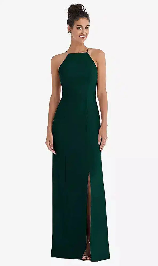 Open-Back High-Neck Halter Trumpet Gown in Evergreen