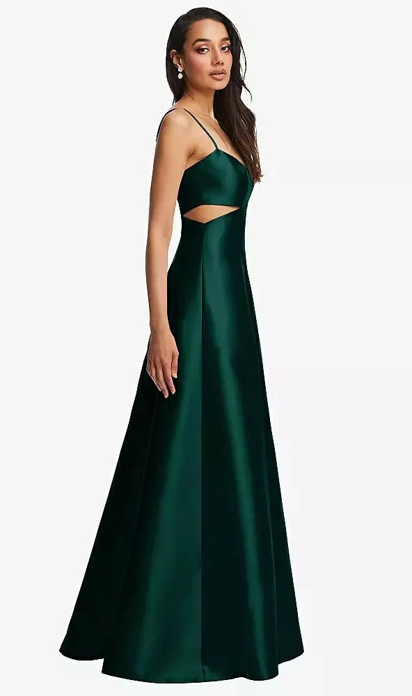 Open Neckline Cutout Satin Twill A-Line Gown with Pockets in Evergreen