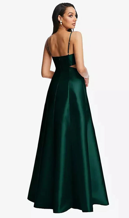 Open Neckline Cutout Satin Twill A-Line Gown with Pockets in Evergreen