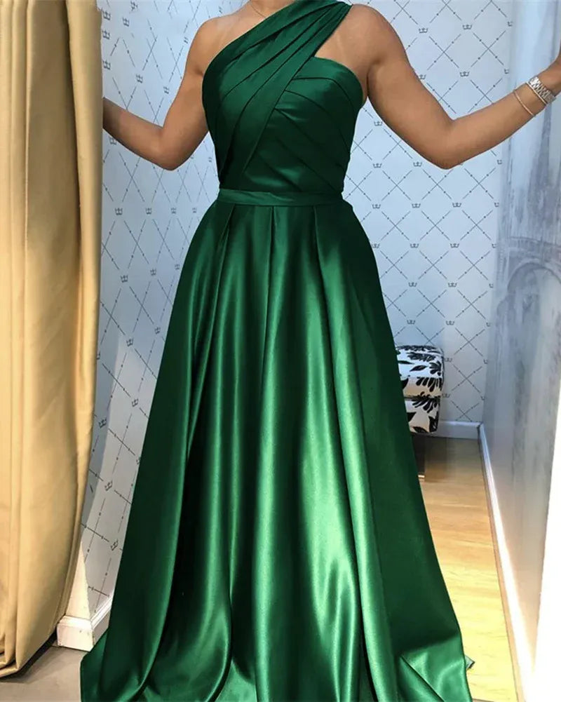 Opulent A-Line One-Shoulder Sleeveless Ruched Emerald Green Maxi Prom Dress for Women Ready to Ship