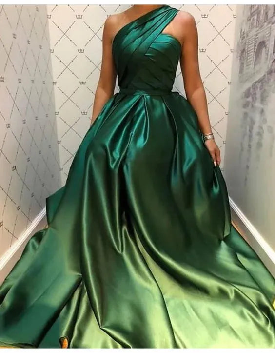 Opulent A-Line One-Shoulder Sleeveless Ruched Emerald Green Maxi Prom Dress for Women Ready to Ship