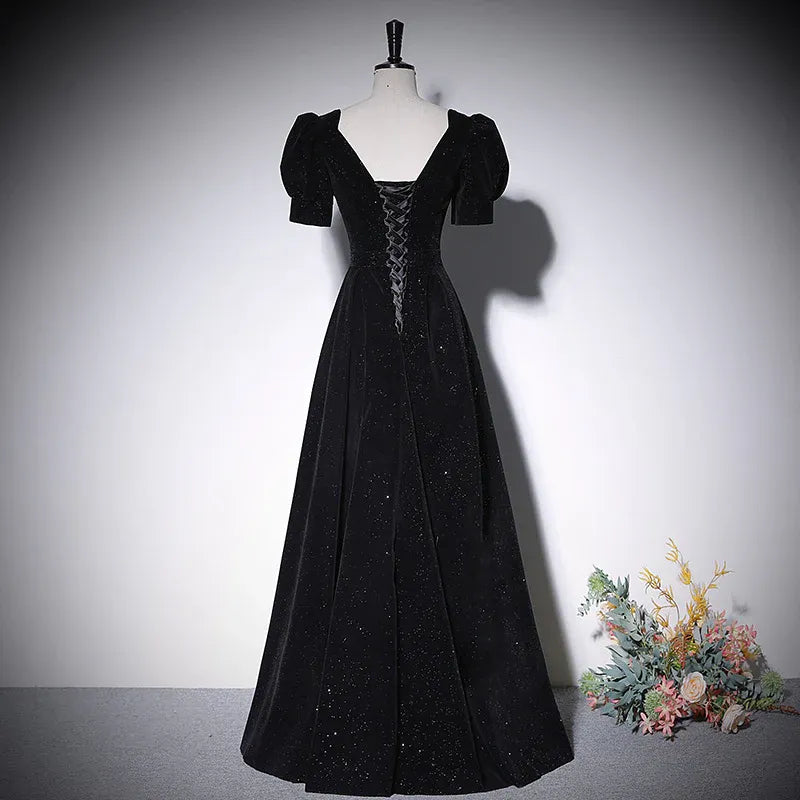 Opulent Glitter-Velvet Long Evening Dress Black V-Neck Puff-Sleeve Party Gown for Women