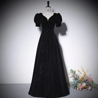 Opulent Glitter-Velvet Long Evening Dress Black V-Neck Puff-Sleeve Party Gown for Women