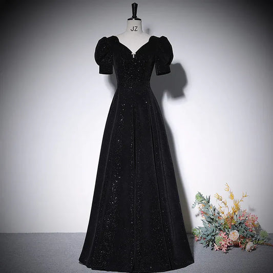 Opulent Glitter-Velvet Long Evening Dress Black V-Neck Puff-Sleeve Party Gown for Women