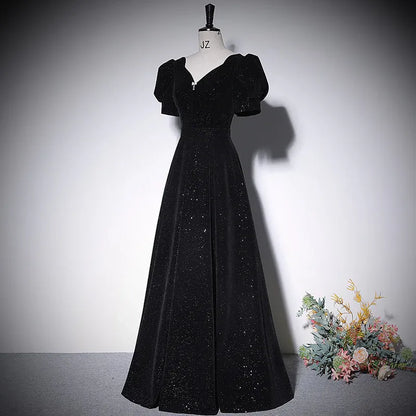 Opulent Glitter-Velvet Long Evening Dress Black V-Neck Puff-Sleeve Party Gown for Women