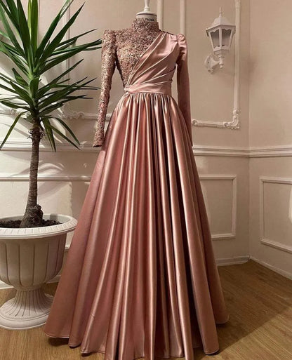 Opulent Satin-Beaded Long Evening Dress Rose Gold High Neck Long Sleeve for Women
