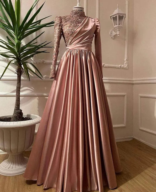 Opulent Satin-Beaded Long Evening Dress Rose Gold High Neck Long Sleeve for Women