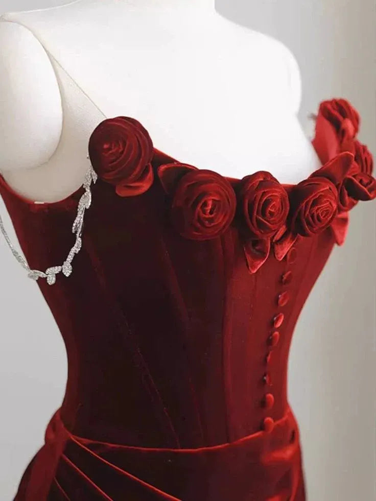 Opulent Velvet Maxi Evening Dress Burgundy Off-Shoulder Floral Sleeves for Women