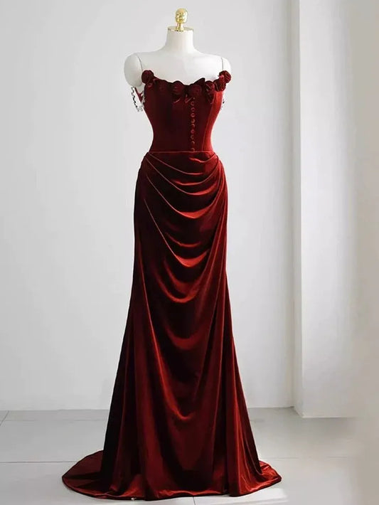 Opulent Velvet Maxi Evening Dress Burgundy Off-Shoulder Floral Sleeves for Women