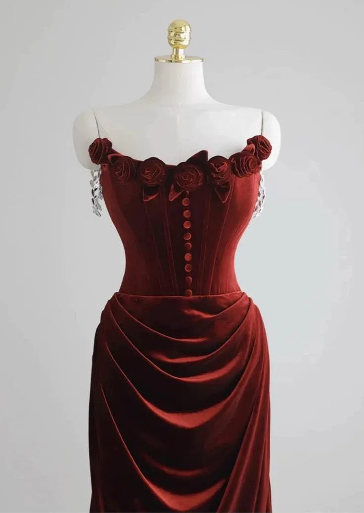 Opulent Velvet Maxi Evening Dress Burgundy Off-Shoulder Floral Sleeves for Women