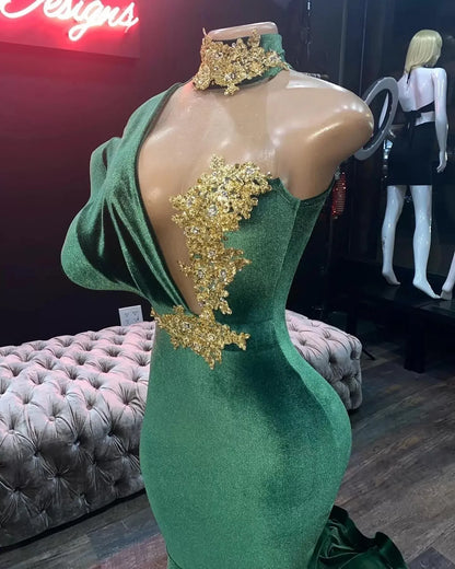 Opulent Velvet Mermaid Evening Dress Emerald High-Neck One-Shoulder Formal Women