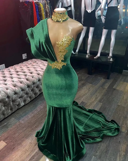 Opulent Velvet Mermaid Evening Dress Emerald High-Neck One-Shoulder Formal Women