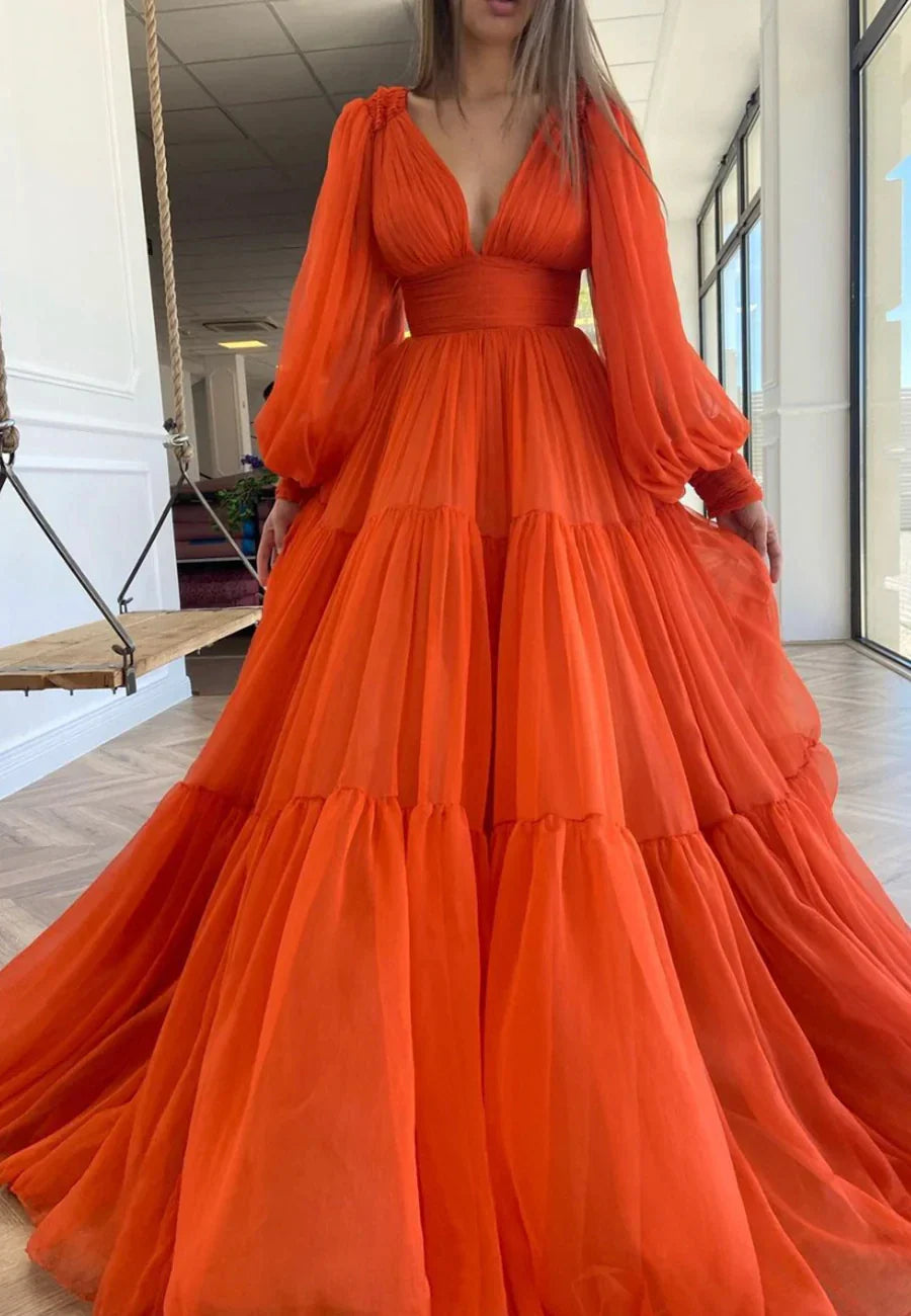 Orange V-Neck Chiffon Long Prom Dresses A-Line Evening Dresses