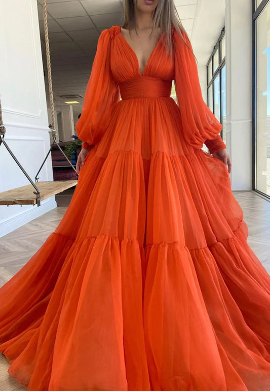 Orange V-Neck Chiffon Long Prom Dresses A-Line Evening Dresses