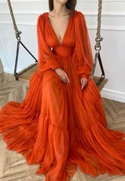 Orange V-Neck Chiffon Long Prom Dresses A-Line Evening Dresses