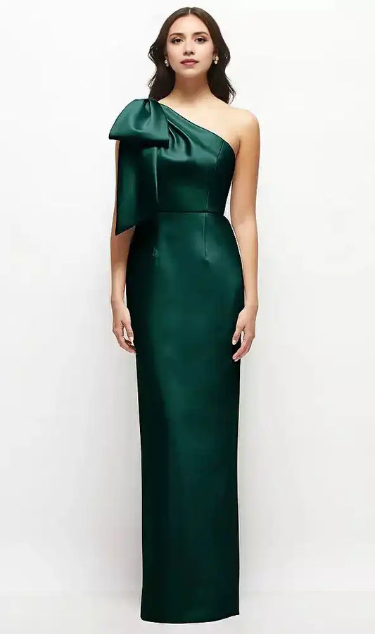 Oversized Bow One-Shoulder Satin Column Maxi Dress in Evergreen