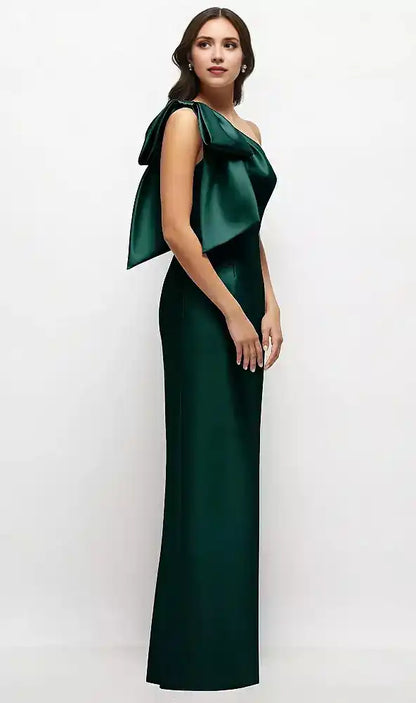 Oversized Bow One-Shoulder Satin Column Maxi Dress in Evergreen