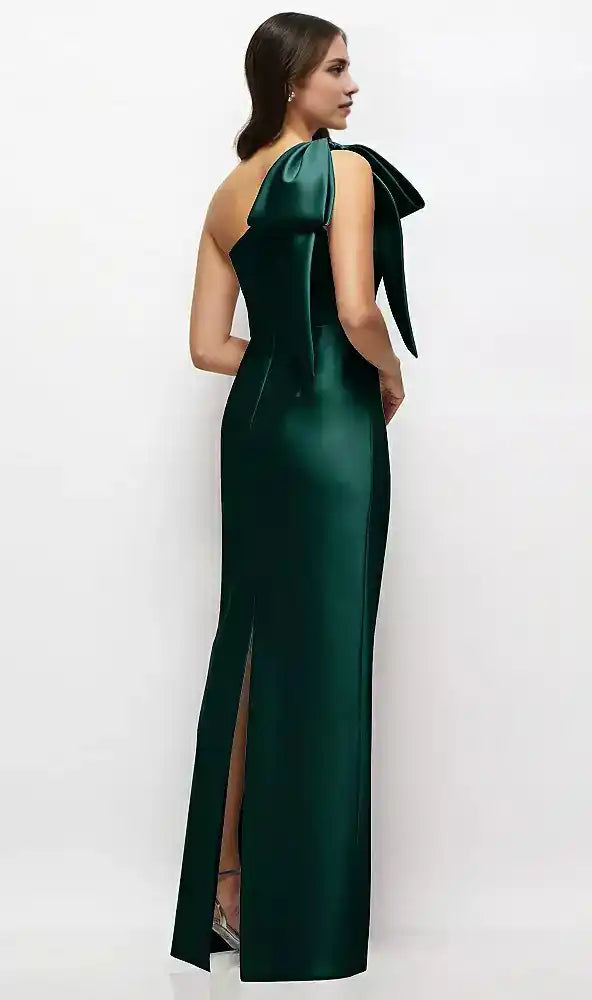 Oversized Bow One-Shoulder Satin Column Maxi Dress in Evergreen