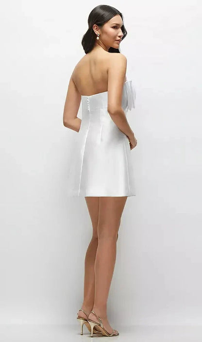 Oversized Bow Strapless Little White Mini Dress with Pearl Accents in White