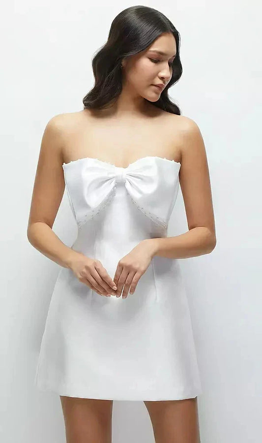 Oversized Bow Strapless Little White Mini Dress with Pearl Accents in White