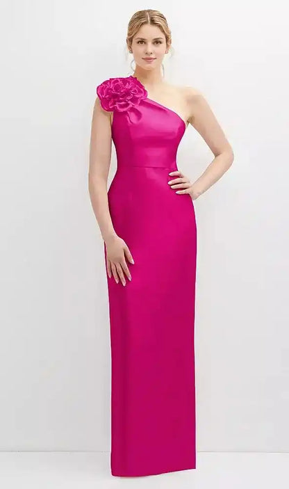 Oversized Flower One-Shoulder Satin Column Dress in Think Pink