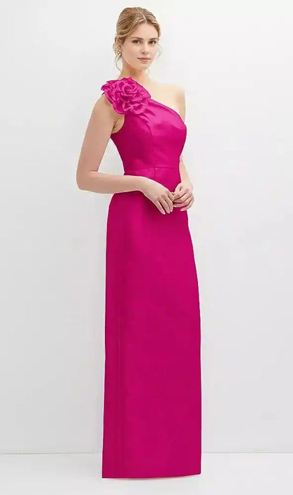 Oversized Flower One-Shoulder Satin Column Dress in Think Pink