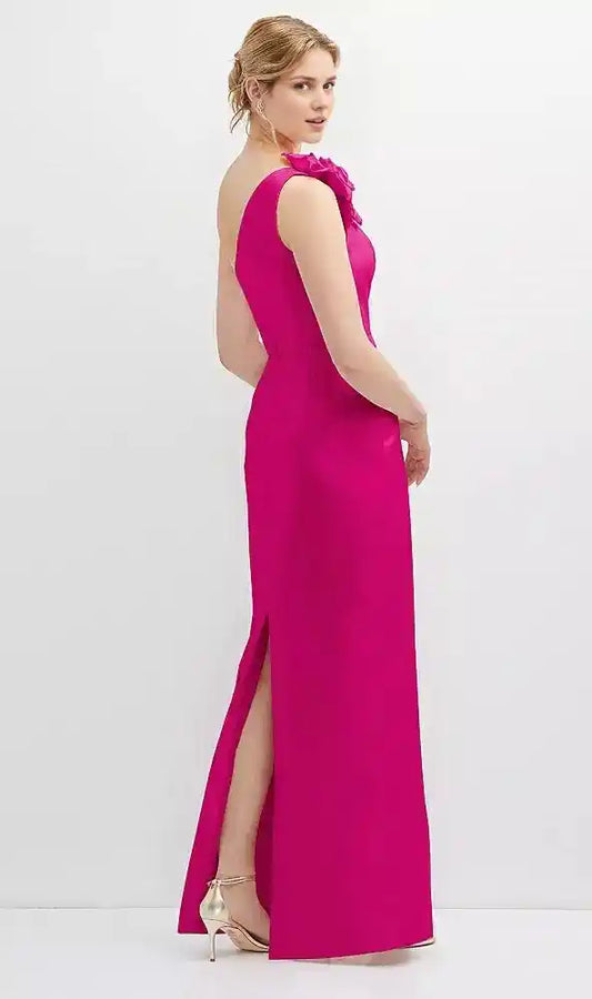Oversized Flower One-Shoulder Satin Column Dress in Think Pink