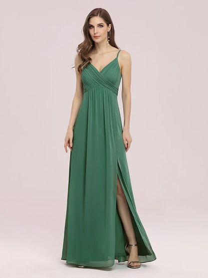 A-Line V Neck Floor Length Chiffon Bridesmaid Dress with Ruching