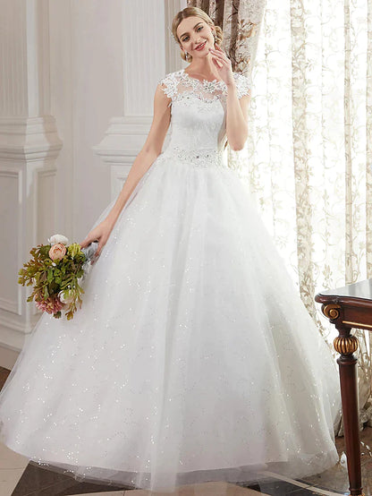 Ball Gown Wedding Dresses Jewel Neck Floor Length Lace Over Tulle Cap Sleeve Romantic Illusion Detail with Beading Appliques