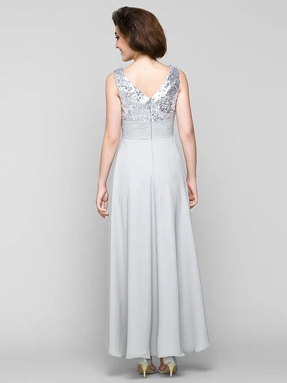 A-Line Mother of the Bride Dress Sparkle & Shine Bateau Neck Ankle Length Chiffon Sleeveless with Sash Ribbon Sequin