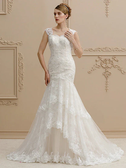 Wedding Dresses Square Neck Court Train Lace Over Tulle Regular Straps Wedding Dress in Color Floral Lace See-Through with Buttons Sequin Appliques