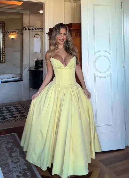 Pale Yellow Strapless Sweetheart Corset Ball Gown Formal Evening Dress