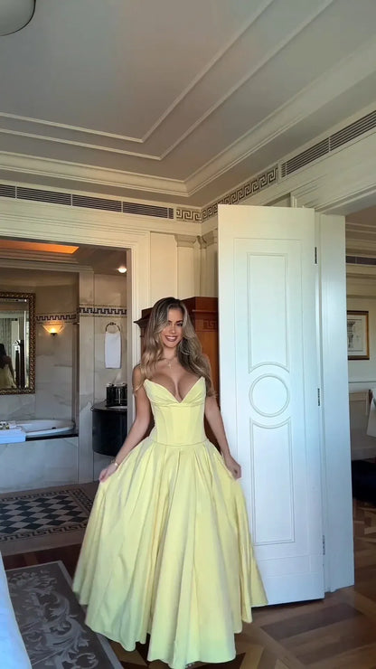 Pale Yellow Strapless Sweetheart Corset Ball Gown Formal Evening Dress