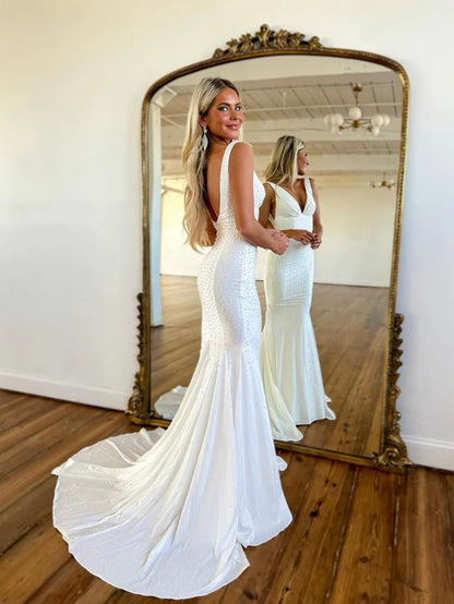 White Mermaid Deep V-Neck Beaded Satin Long Prom Dress Sweep/Brush Train Dresses