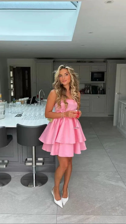 Pink Strapless Tiered Ruffle Satin Mini Homecoming Dress