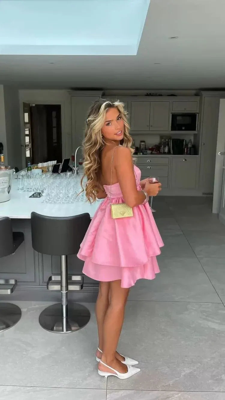 Pink Strapless Tiered Ruffle Satin Mini Homecoming Dress