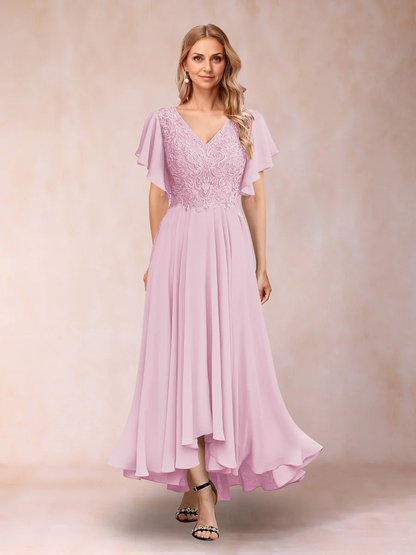 A-Line/Princess V-Neck Short Sleeves Long Evening Dresses Chiffon Mother of the Bride Dresse with Appliques