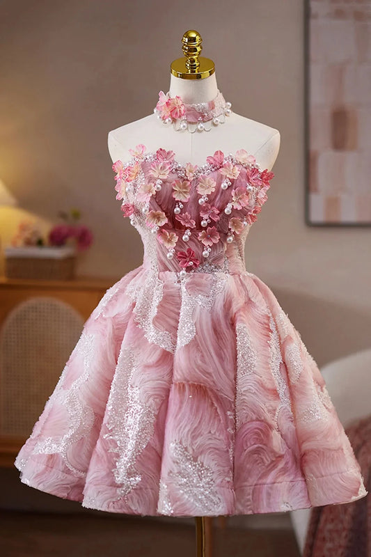 Pink Beads Pearl Sequins Short Party Dress A-Line Strapless Evening Party Dress