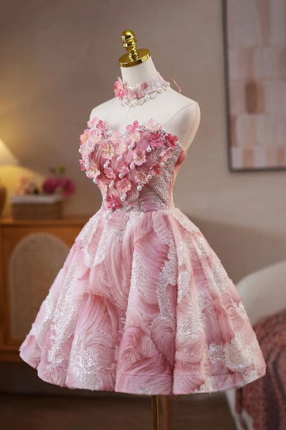 Pink Beads Pearl Sequins Short Party Dress A-Line Strapless Evening Party Dress
