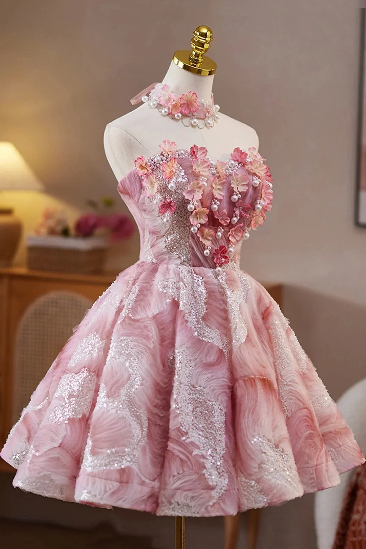 Pink Beads Pearl Sequins Short Party Dress A-Line Strapless Evening Party Dress