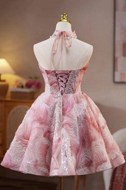 Pink Beads Pearl Sequins Short Party Dress A-Line Strapless Evening Party Dress