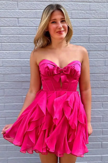Pink Cut Out Strapless Homecoming Dress With Bow