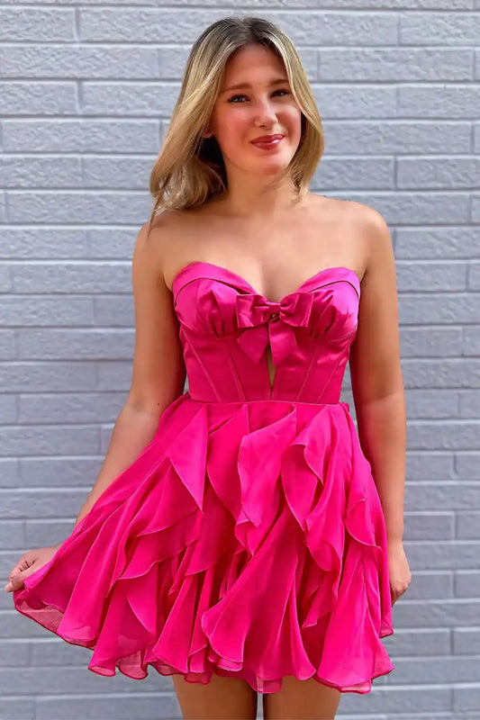 Pink Cut Out Strapless Homecoming Dress With Bow