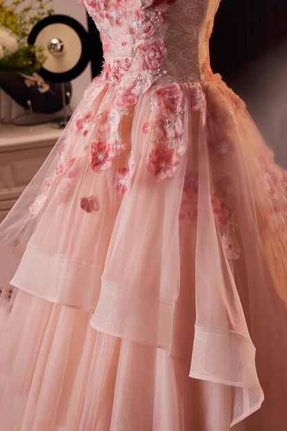 Pink Flower Fairy Long Prom Dress Pink Strapless A-Line Evening Dress