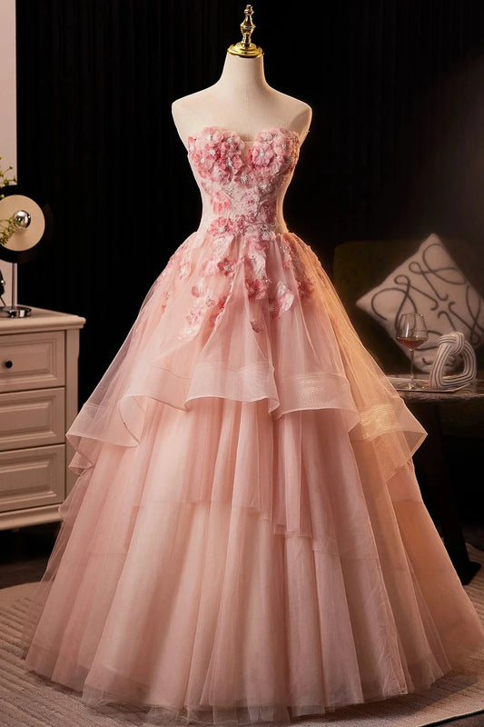 Pink Flower Fairy Long Prom Dress Pink Strapless A-Line Evening Dress