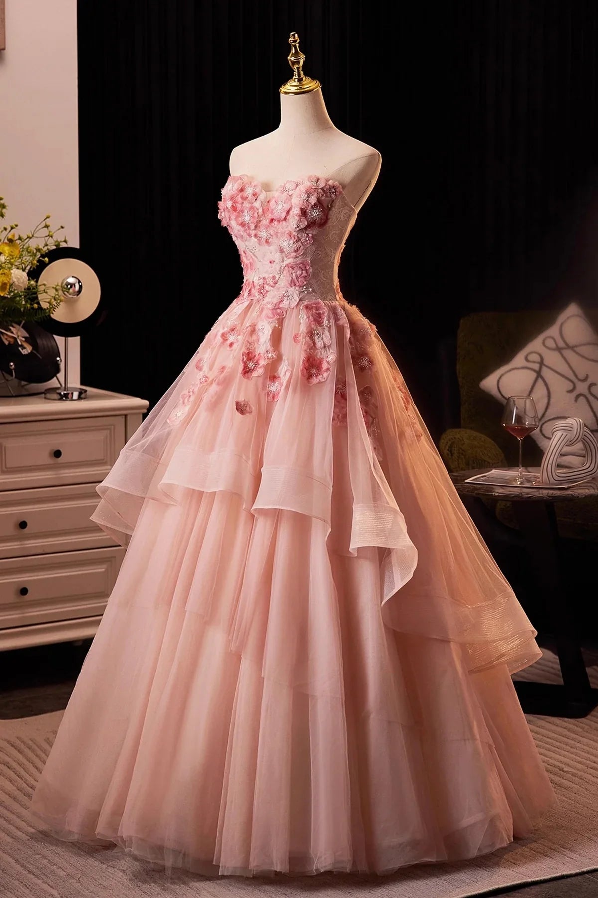 Pink Flower Fairy Long Prom Dress Pink Strapless A-Line Evening Dress
